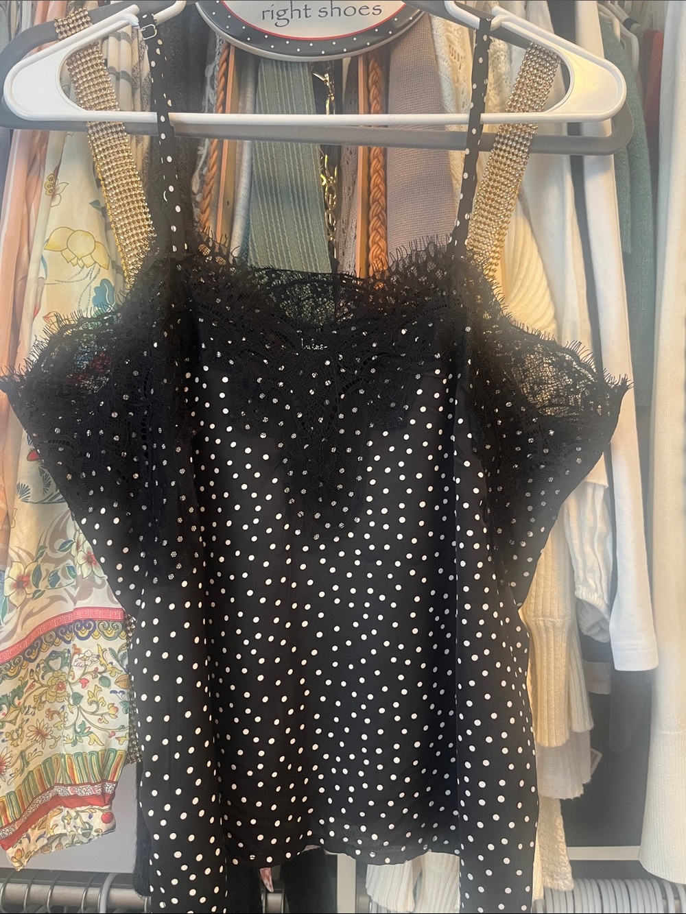 Lulus- Black Polka Dot Lace-Trim Satin Cami